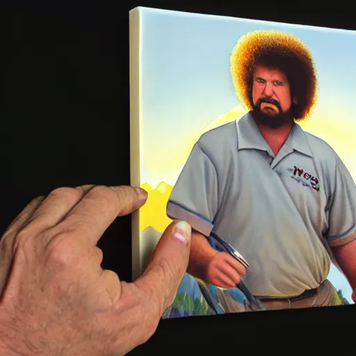 Image similar to a closeup photorealistic photograph of bob ross polishing a canvas painting of kenny powers. mountains and trees. film still. brightly lit scene. this 4 k hd image is trending on artstation, featured on behance, well - rendered, extra crisp, features intricate detail, epic composition and the style of unreal engine.