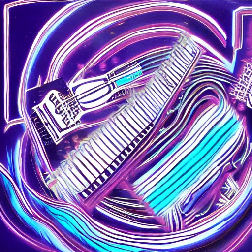 Image similar to electronic band lithograph by lance hidy with blue and purple hues