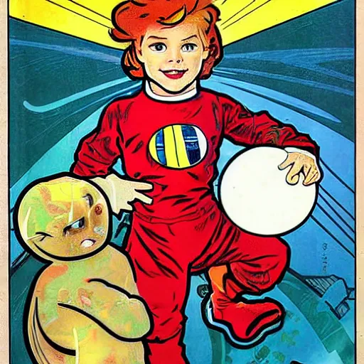 Image similar to a cute little boy with a mischievous face and short ginger hair. he is dressed as an astronaut. well composed, clean elegant painting, beautiful detailed face. comic book art by steve ditko and jack kirby and ( alphonse mucha )