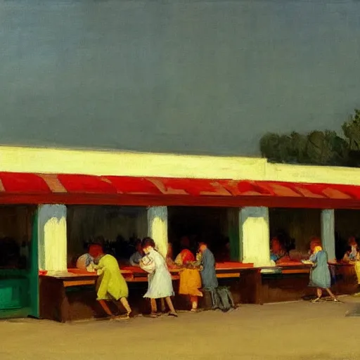 Image similar to a hawker centre, by edward hopper