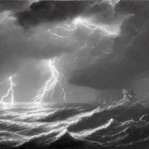 Prompt: drawing of pepe the frogs sailing through a lightning storm above a stormy ocean, by gustave dore, nineteenth century, black and white, vintage, science fiction, epic composition, dramatic lighting, highly detailed, cinematic horror, sci fi