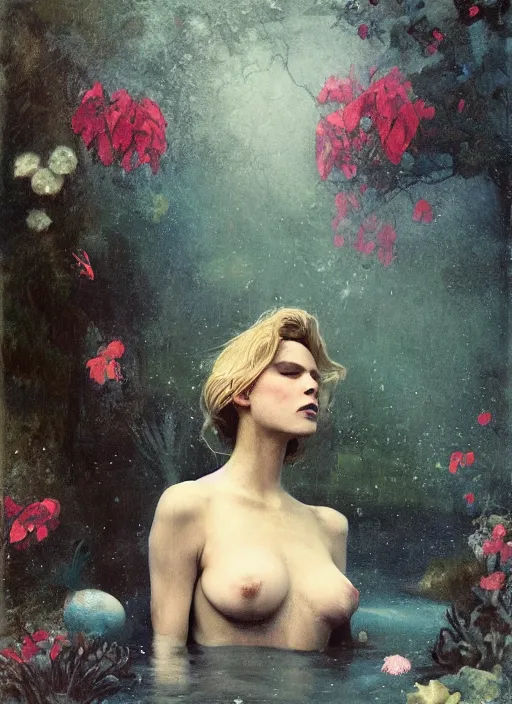 Image similar to queen of the garden, wind swept hair, murky underwater and dreaming by jeremy lipkin, vincent di fate, hieronymus bosch, rule of thirds, seductive look, beautiful