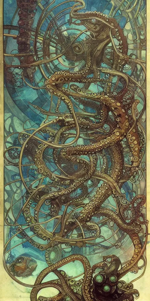 Image similar to fantasy fish, octopus, squid, in futuristic aquarium, cyberpunk, concept art, schematics, gnarly details painted by norman rockwell, mucha, gurney