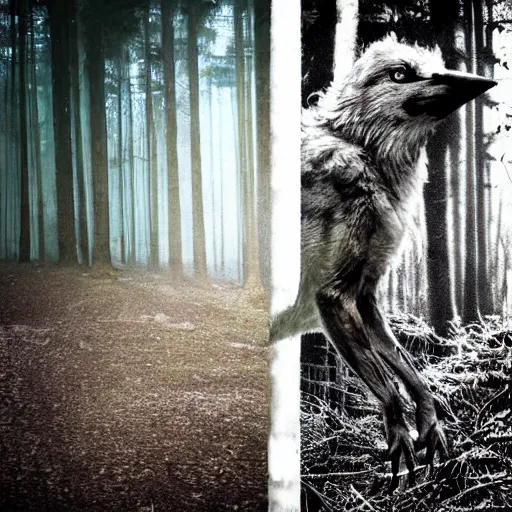 Prompt: mixture between an crow and! wolf, photograph captured in a dark forest, realistic