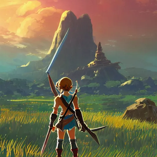 Prompt: a ultra detail picture portrait of A warrior in shimmering armor, the sun at their back, strides forward with sword held high. They are the embodiment of courage and strength, and they are ready to fight for what is right. vivid tones, wide angle, by miyazaki, nausicaa ghibli, breath of the wild, 8k, photorealistic,