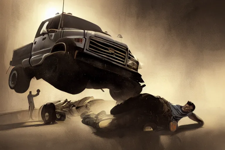 Prompt: epic concept art of traffic accident, huge truck and a man on the ground. close - up fallen man in foreground. backlight. rim light, strong contrast. by ashley wood and j. m. w. turner, speed painting, photo bash, cinematic angle, super detailing, strong perspective, traffic accident, haze over the shoulder shot