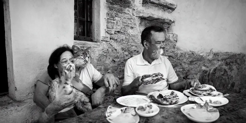 Image similar to photography of a cat eating mortadella with his loved owner at a trullo house, photoreal, 3 5 mm, award winning photography