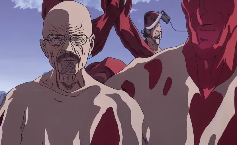 Prompt: Walter White as the Colossal Titan in Attack on Titan anime,
