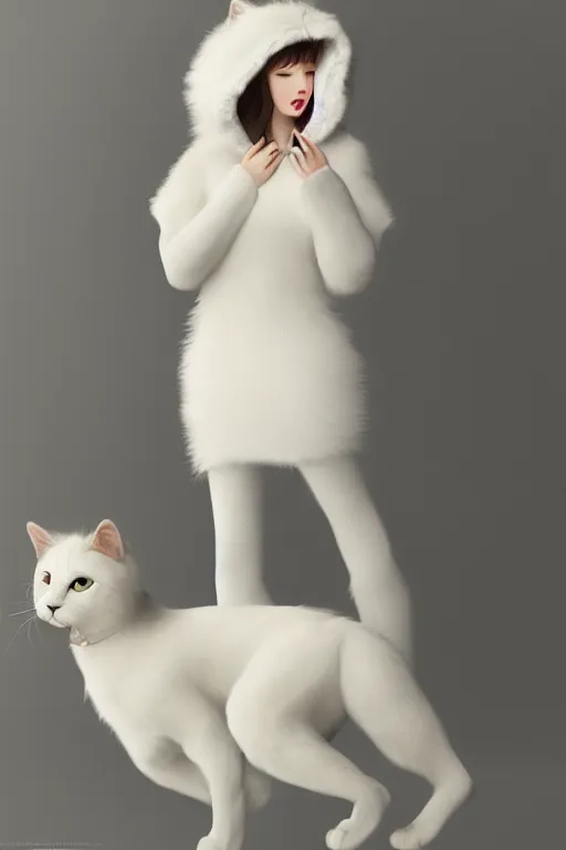 Image similar to beautiful aesthetic full body digital illustration of a young woman wearing a furry white cat costume by wlop and Julia Razumova, realistic, photorealistic, hyperrealistic, unreal engine, octane, deviantArt, trending on artstation, artstation HQ