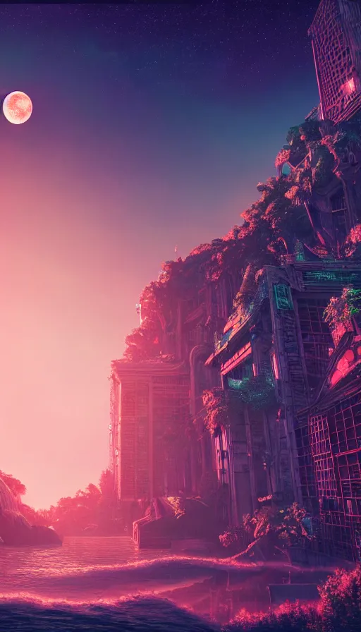 Image similar to reclaimed by nature by moon hoon, darkacademia atlantis cosmic san andreas at dawn neon signs tokyo synthwave universe, archdaily, wallpaper, highly detailed, trending on artstation.