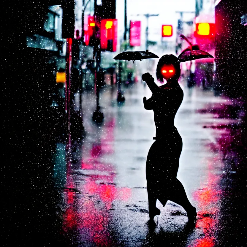 Prompt: a photo close up cyberpunk woman dancing in the rain, cyberpunk hiroshima, prefecture streets, sunset, photorealistic, cinematic lighting, highly detailed, bokeh, style by tomino - sama