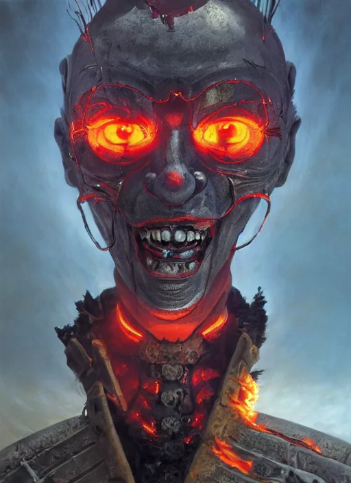 Image similar to portrait of a diabolical cyborg clown samurai on fire, wearing burning torn cape, dynamic pose, glowing eyes, post apocalyptic ancient ruins, glowing veins subsurface scattering, in clouds, sunset, portrait, by gerald brom, by mikhail vrubel, by peter elson, muted colors, extreme detail, reflections, trending on artstation, 8 k