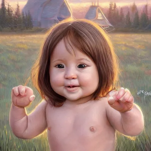 Prompt: clear portrait of human babies, adorable appearance!!!, golden hour, happy apearance, cottagecore!!, background hyper detailed, character concept, full body, dynamic pose, intricate, elegant, highly detailed, digital painting, artstation, concept art, smooth, sharp focus, illustration, art by artgerm and greg rutkowski and alphonse mucha