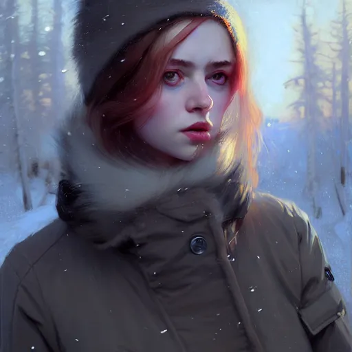 Image similar to young angry woman, beautiful girl, full body, parka, in an igloo, realistic, serov, surikov, vasnetsov, repin, kramskoi, insanely detailed, charlie bowater, tom bagshaw, high resolution, octane rendered, unreal engine, illustration, trending on artstation, masterpiece, 8 k