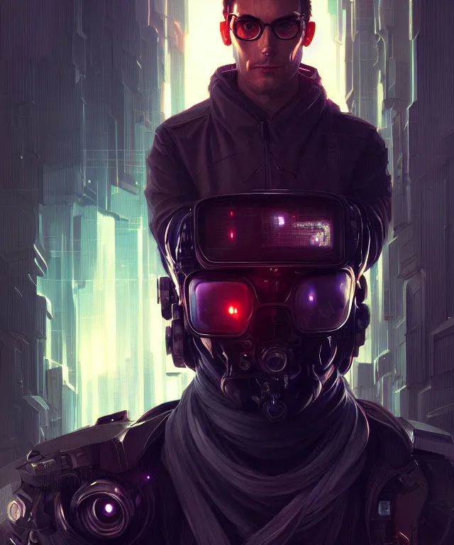 Image similar to Hacker cyberpunk man portrait, highly detailed, digital painting, artstation, concept art, smooth, sharp focus, illustration, art by artgerm and greg rutkowski and alphonse mucha