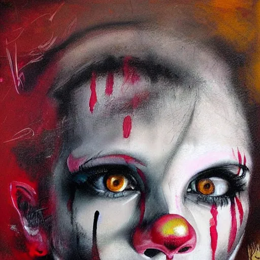 Image similar to Portrait of a young female Clown that has an expression of joy with black tears on his face by Guy Denning by Artgerm