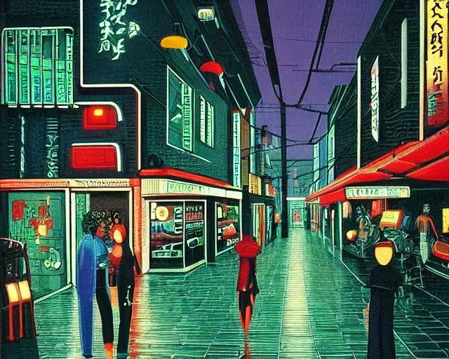 Image similar to cozy soft neon street with in a cyberpunk city on a rainy melancholy osaka night in 1 9 9 6 by de chirico