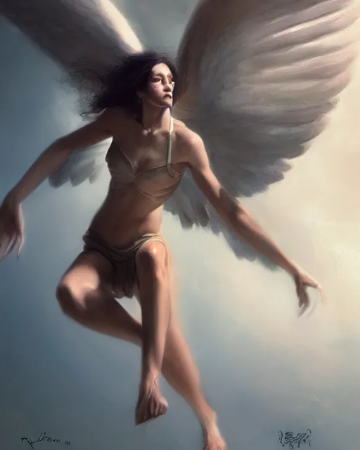 Prompt: woman turning into an angel levitating off the ground, by randy vargas and by bayard wu, art station, smooth, focus