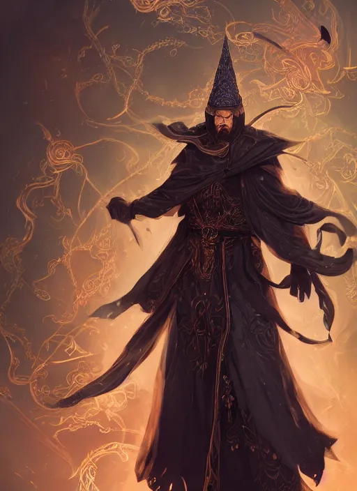 Image similar to a highly detailed illustration of short haired asian man as wizard wearing ornate black robe and mage hat, dramatic magic floating pose, intricate, elegant, highly detailed, centered, digital painting, artstation, concept art, smooth, sharp focus, league of legends concept art, WLOP