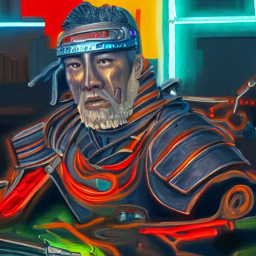 Prompt: an extremely detailed oil painting of a cyborg samurai, sitting infront of a neon river. 4 k. colorful.