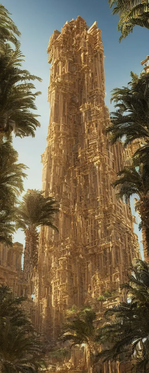 Prompt: photorealistic photo a contemporary babylon tower, golden intricate details, stone facade, sacred ancient architecture, cascading highrise, arid mountains with lush palm forest, sunlight, post - production, octane, cgi, sfx