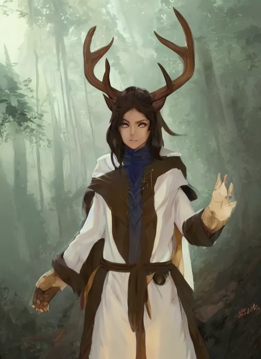 Image similar to concept art painting of a fully clothed person with brown skin and short white hair, demon horns, deer ears, blue tunic and robes, detailed, d & d style, cel shaded, in the style of ruan jia and artgerm and makoto shinkai and james gurney