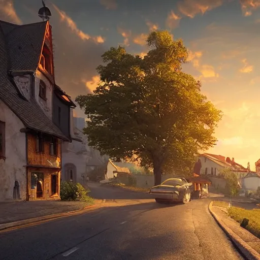 Image similar to a beautiful hyper realistic photo of banska stiavnica in summer with old houses and trees in sunset, sky, one cat crossing road, unreal engine, by greg rutkowski and james gurney, artstation
