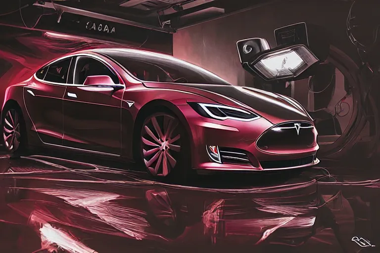 Image similar to a 2 8 mm closeup photo of a tesla car in a photo studio with a reflective floor, intricate, hyper detailed, smooth, high contrast, volumetric lighting, octane, greg rutkowski, ripley scott, artgerm, craig mullins, synthwave, cinematic