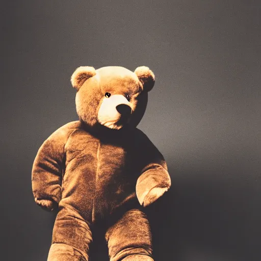 Image similar to a ( ( ( ( ( ( ( ( ( chiaroscuro lighting portrait ) ) ) ) ) ) ) ) ) ) of kanye west dressed as teddy bear mascot, black background, portrait by julia margaret cameron, shallow depth of field, 8 0 mm, f 1. 8