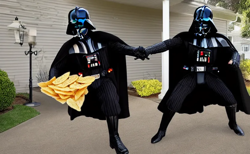 Prompt: Darth vader wrestling a bag of chips in front of his home, 8k