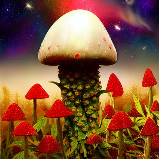 Image similar to amanita muscaria smoking weed, hyperreal, ethereal, realistic, space background