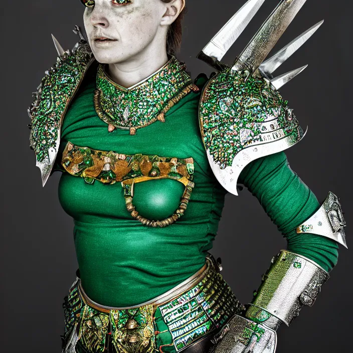 Image similar to full length photo of a beautiful warrior queen wearing emerald encrusted armour, highly detailed, 4 k, hdr, smooth, sharp focus, high resolution, award - winning photo