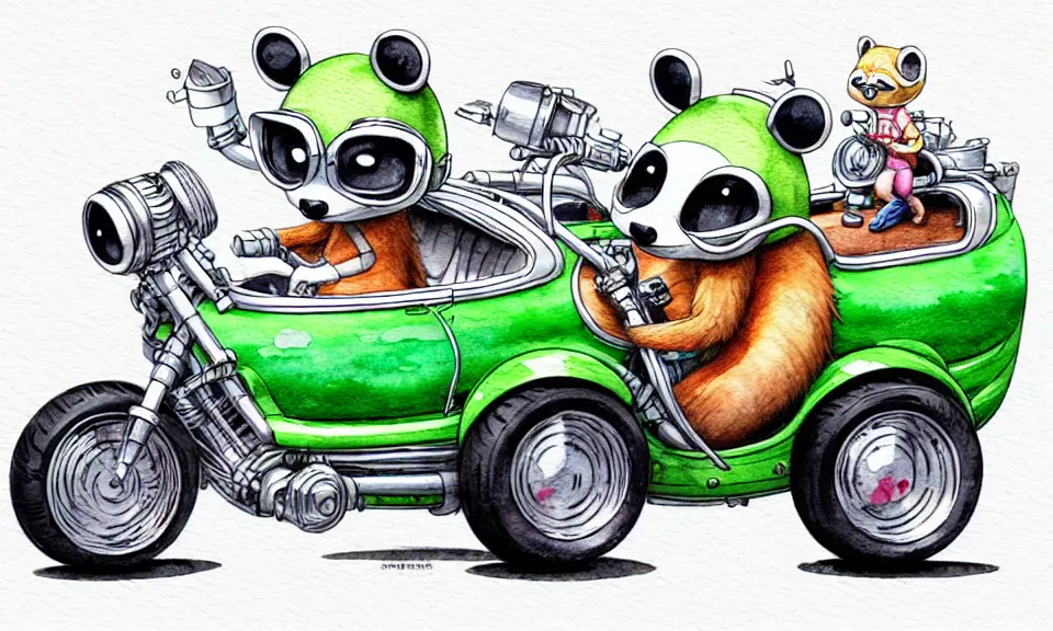 Image similar to cute and funny, racoon wearing a helmet riding in a hot rod with oversized engine, ratfink style by ed roth, centered award winning watercolor pen illustration, isometric illustration by chihiro iwasaki, edited by range murata, tiny details by artgerm and watercolor girl, symmetrically isometrically centered