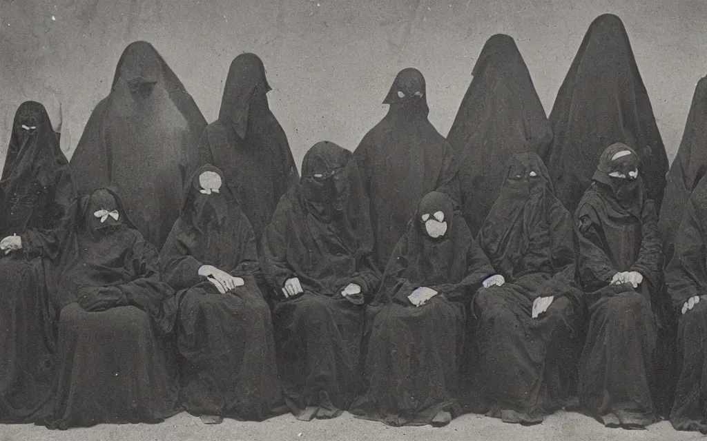 Image similar to 19th century photo of a cult dark old cultists wearing masks by Louis Daguerre