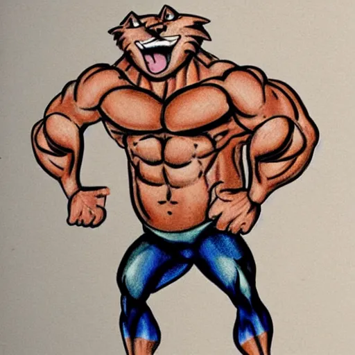 Image similar to a colored caricature drawing of a cat that is a bodybuilder