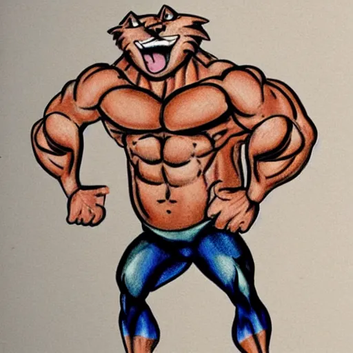 Prompt: a colored caricature drawing of a cat that is a bodybuilder