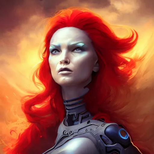 Prompt: portrait x-men Jean Grey as a cyborg with flowing beautiful red hair, art by pete mohrbacher and seb mckinnon and beksinski and josan gonzales, digital art, highly detailed, intricate, sci-fi, sharp focus, Trending on Artstation HQ, deviantart, unreal engine 5, 4K UHD image