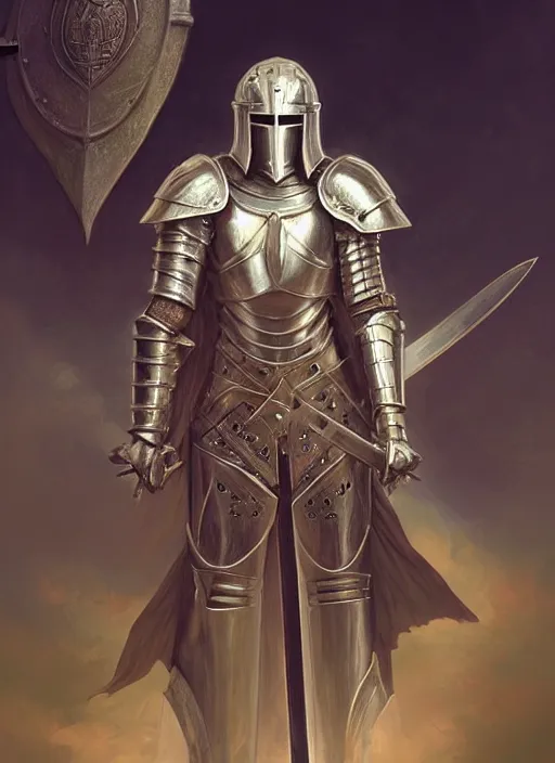 Image similar to esoteric knight in armor with sword!! murky lighting, wind blowing, full body portrait, fairytale, physical mental perfection, symmetrical! intricate, romanticism, highly detailed, biblical divine holy perfection!! digital painting, artstation, concept art, smooth, sharp focus, by artgerm and greg rutkowski and alphonse mucha