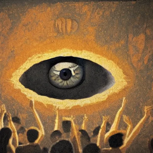 Image similar to an ancient cave painting of a giant eye floating above a crowd of people