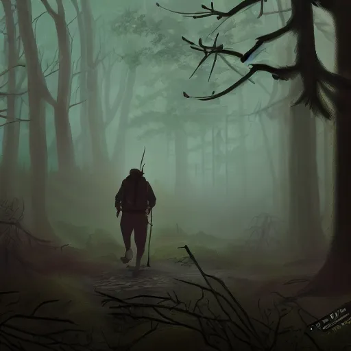 Image similar to A lone adventurer walking through a dense forest, thick Fog, spooky, scary, dark, digital painting, illustration, concept art, artstation, 4k, by Heraldo Ortega