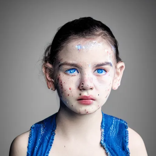 Prompt: a little blue-skinned girl with messy black hair sharp pointed ears freckles along the ridges of her cheeks, high resolution film still, 4k, HDR colors