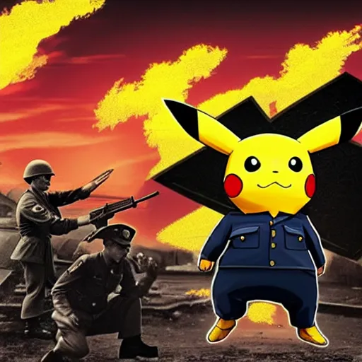 Image similar to pikachu fighting stalin in ww 2 uniform and a mustache, fighting in world war 2, photorealistic, high detail, realistic, sharp focus, smooth edges, soldiers in the background! black & white!, dramatic, sky on fire with dogfights in the sky. wide angle