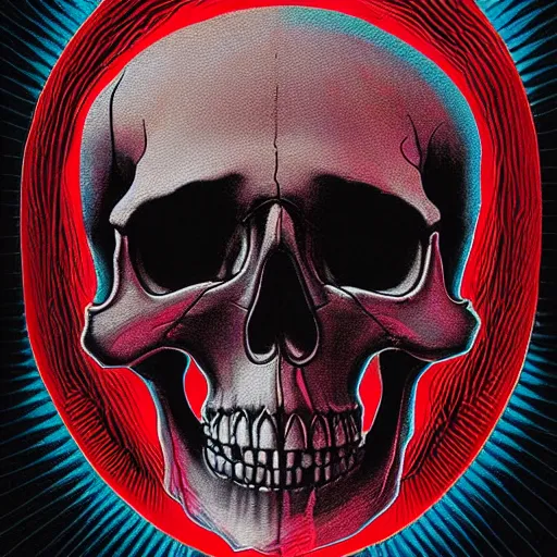 Image similar to a painting of a skull with red eyes, poster art by jeffrey smith, behance contest winner, psychedelic art, cosmic horror, anaglyph effect, darksynth