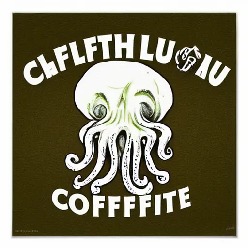 Prompt: Poster or sign for Cthulhu coffee, dark blend, course grind, cappuccino, latte, green