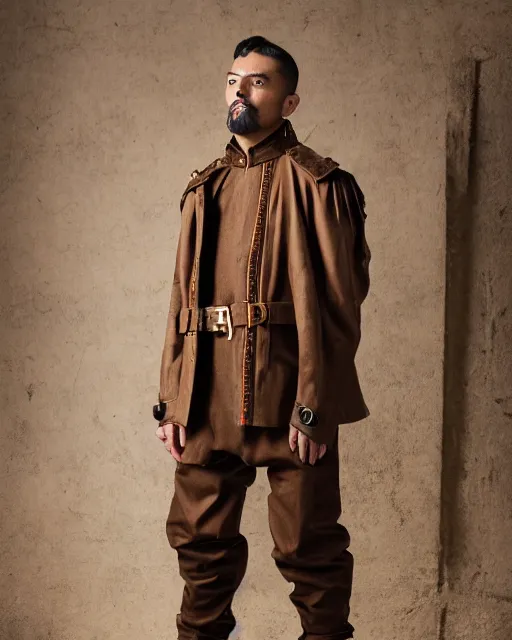 Image similar to a fashion editorial photo of a brown extremely baggy short ancient medieval designer menswear motorcycle jacket with an oversized collar and baggy bootcut trousers designed by alexander mcqueen, 4 k, studio lighting, wide angle lens