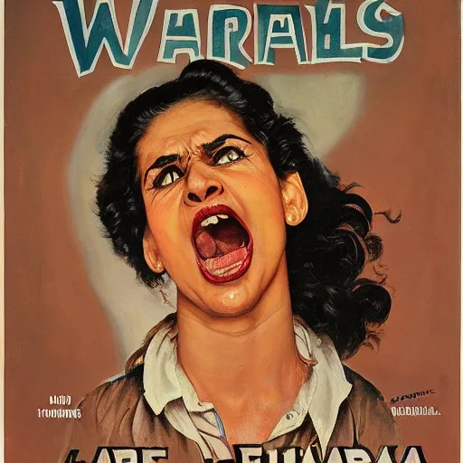 Prompt: head and shoulders portrait of brown woman, fierce, shouting, snarling, fully clothed, three quarter profile, norman rockwell, jacob collins, tom lovell, frank schoonover