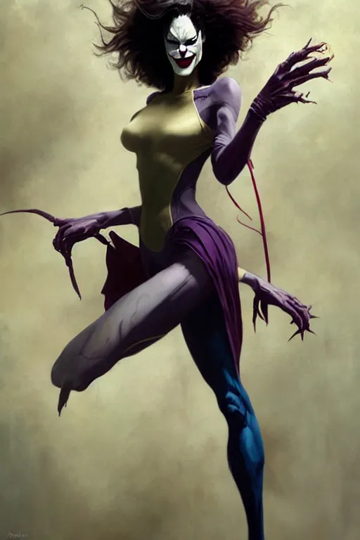 Prompt: aeon flux as the joker picture by Greg Rutkowski, dynamic pose, matte painting, intricate, fantasy concept art, elegant, by Stanley Artgerm Lau, WLOP, golden ratio, thomas kindkade, alphonse mucha, loish, Peter chung, norman Rockwell,