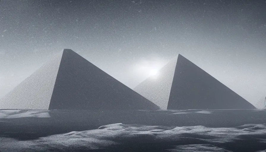 Prompt: brutalist grey pyramid in edge of artic mountains snow hills in the distance, volumetric light, storm, hyperdetailed, artstation, cgsociety, 8 k