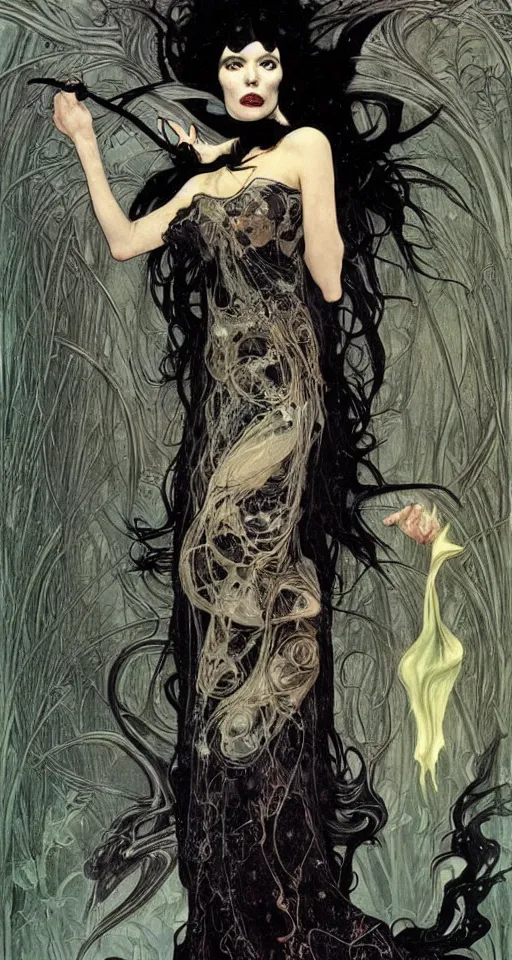 Prompt: sorceress, wearing a black cloak, with messy black hair, gothic, lace, standing in a surreal dreamscape by Gerald Brom and Dave McKean and Alphonse Mucha,