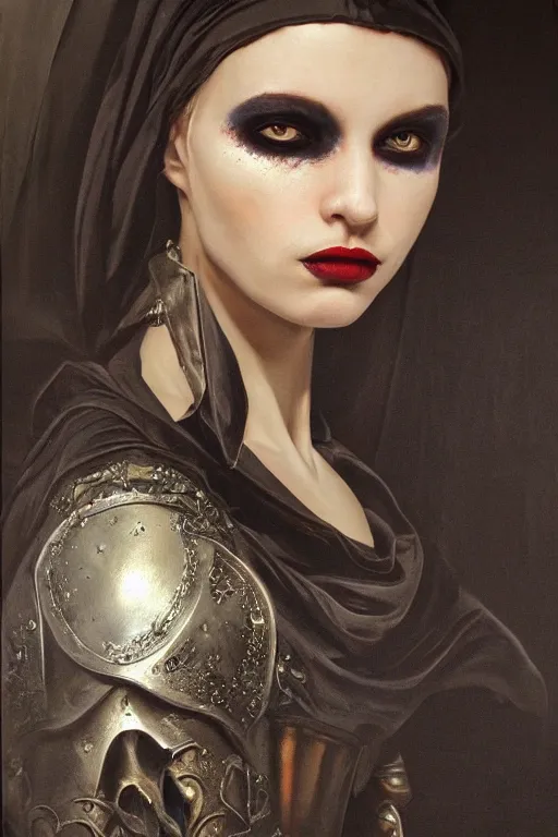 Image similar to hyperrealism oil painting, close - up portrait of european medieval brunette vampire fashion model, knight, steel gradient mixed with nebula sky, in style of baroque